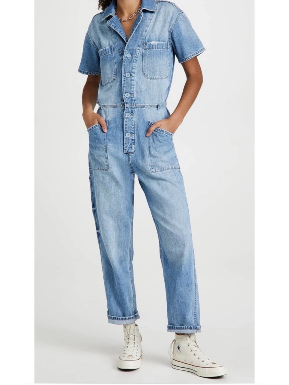 Pistola Grover Field Denim Jumpsuit Small Blue Short Sleeve Utility Pockets Fall